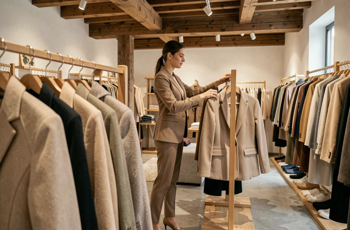 Intérieur raffiné de la boutique AALLARD à Megève avec des vêtements haut de gamme sur des portants en bois