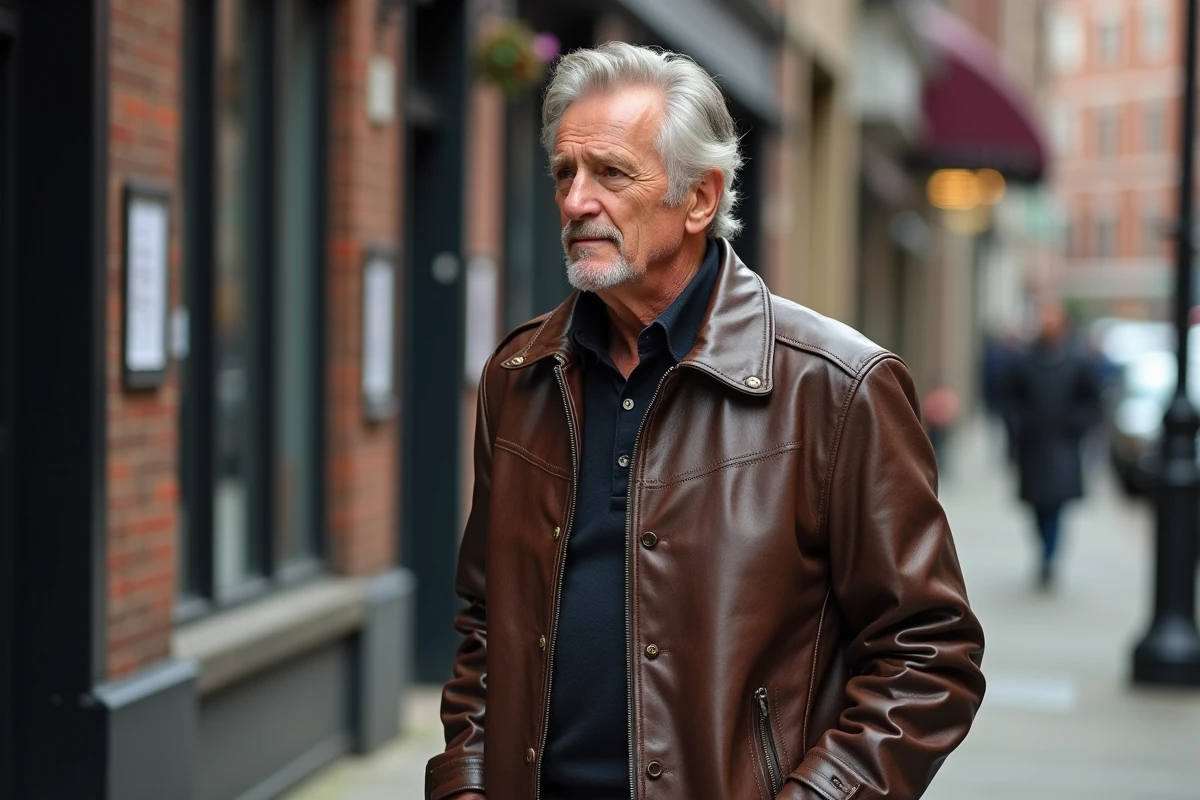 Acteur masculin marche dans la rue en veste en cuir vintage