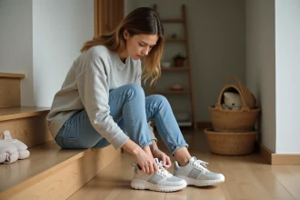 Femme insérant une semelle mousse dans une chaussure trop grande à l'entrée de sa maison