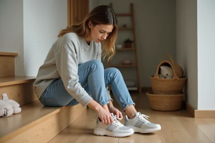Femme insérant une semelle mousse dans une chaussure trop grande à l'entrée de sa maison
