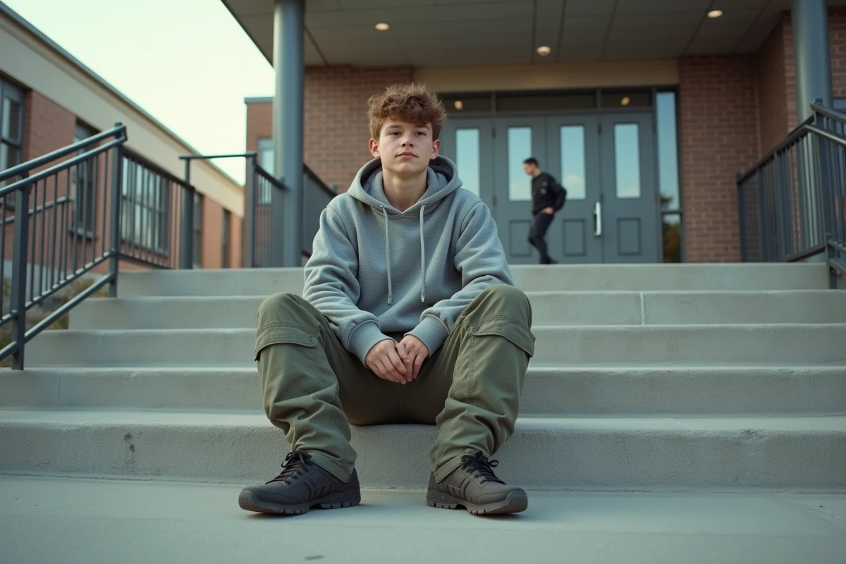 Adolescent assis sur un escalier devant une école moderne