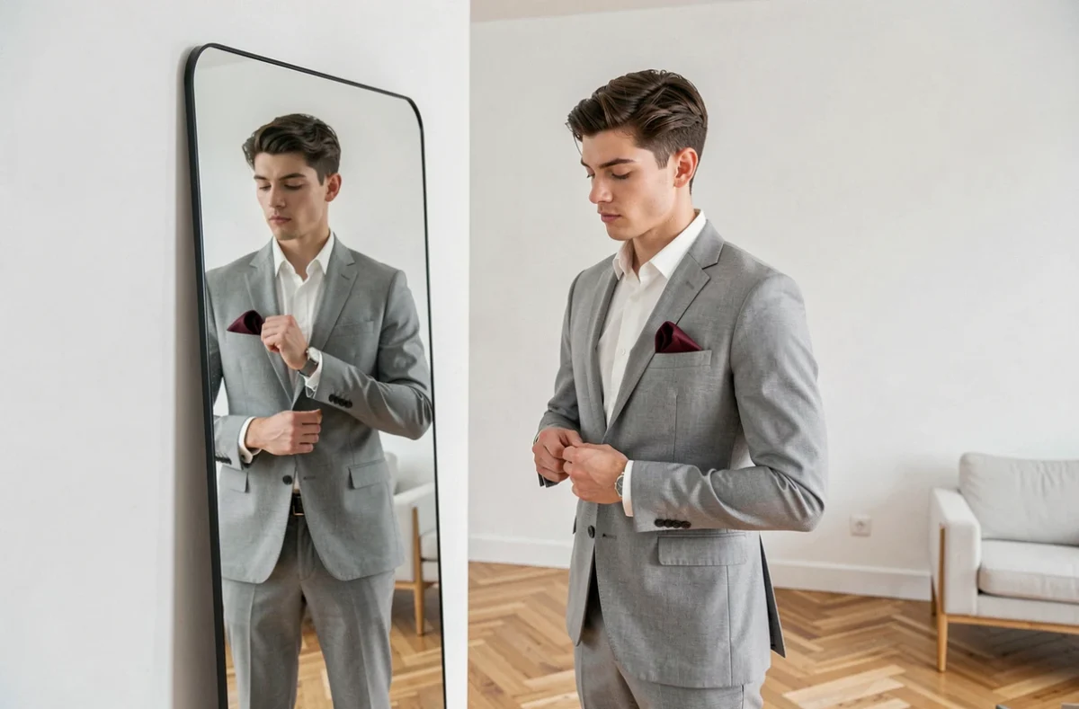 Jeune homme en costume gris ajustant une pochette bordeaux devant un miroir dans un appartement moderne