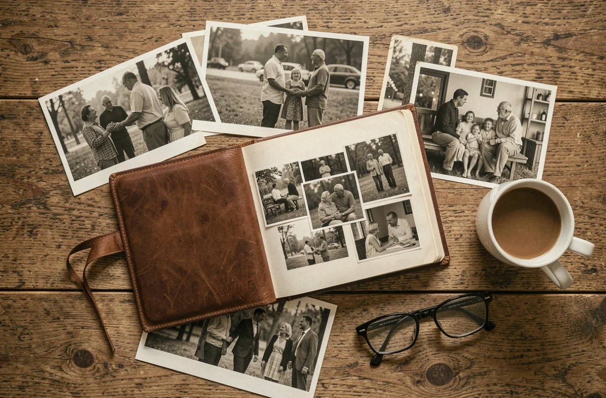 Album photo de famille ouvert sur une table en chêne avec des photos imprimées et une tasse de café