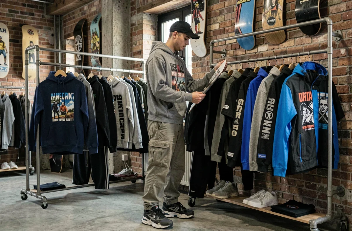 Annecy Board Shop avec un jeune client parcourant des vestes de snowboard et des vêtements streetwear sur des rails industriels