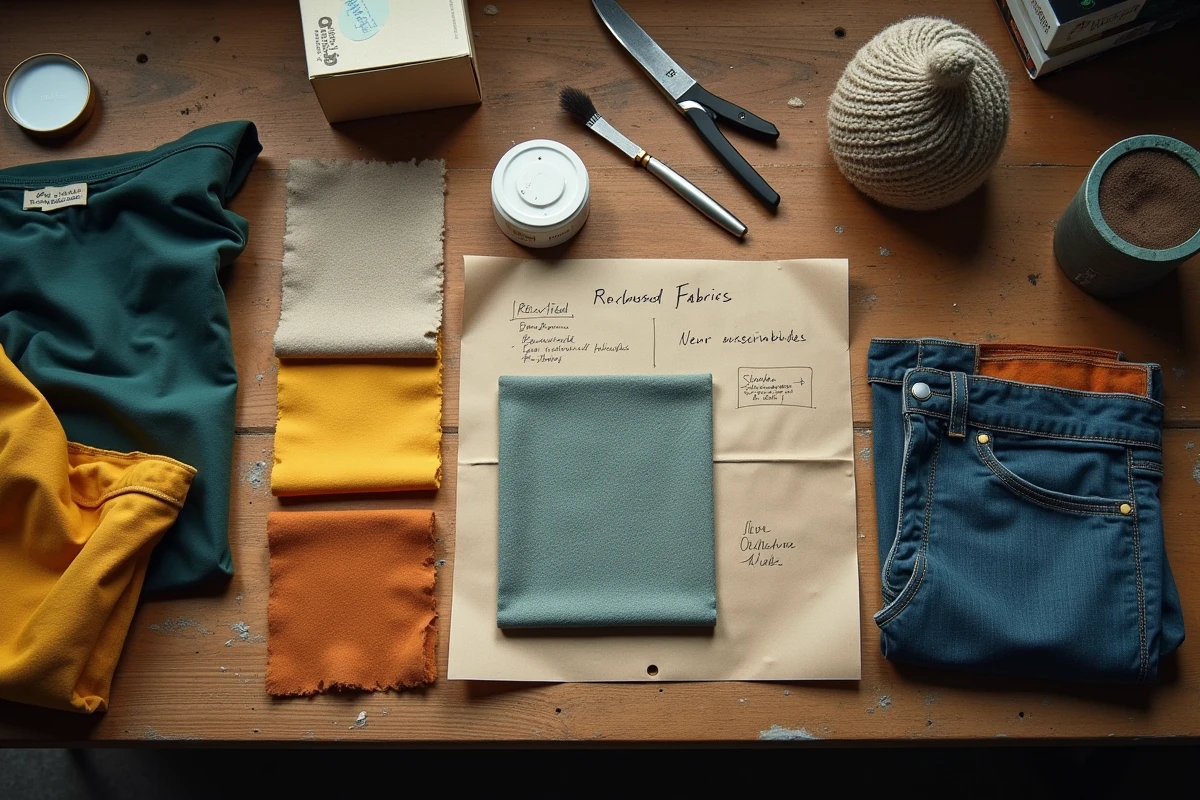 Vue aérienne d'un atelier de création de vêtements de montagne avec des échantillons de tissus recyclés et des notes d'audit environnemental