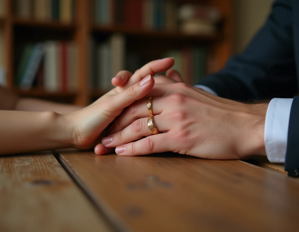 Couple tenant leurs mains avec des bagues Cartier Love assorties en or rose et or jaune, symbole d'amour moderne et intemporel