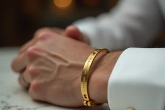Homme portant une bague Cartier Love en or jaune au poignet sur une chemise blanche, vue en gros plan macro avec détails des vis emblématiques