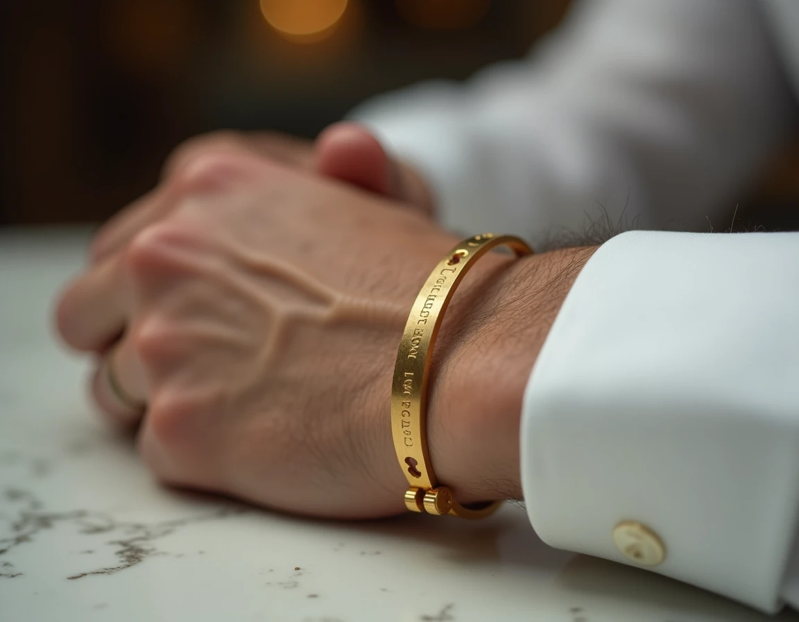 Homme portant une bague Cartier Love en or jaune au poignet sur une chemise blanche, vue en gros plan macro avec détails des vis emblématiques
