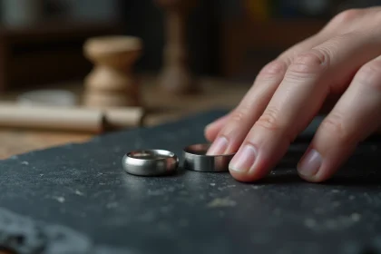 Comparaison de deux bagues homme, l'une en argent mat et l'autre en acier inoxydable poli, posées sur une surface en ardoise dans un atelier artisanal