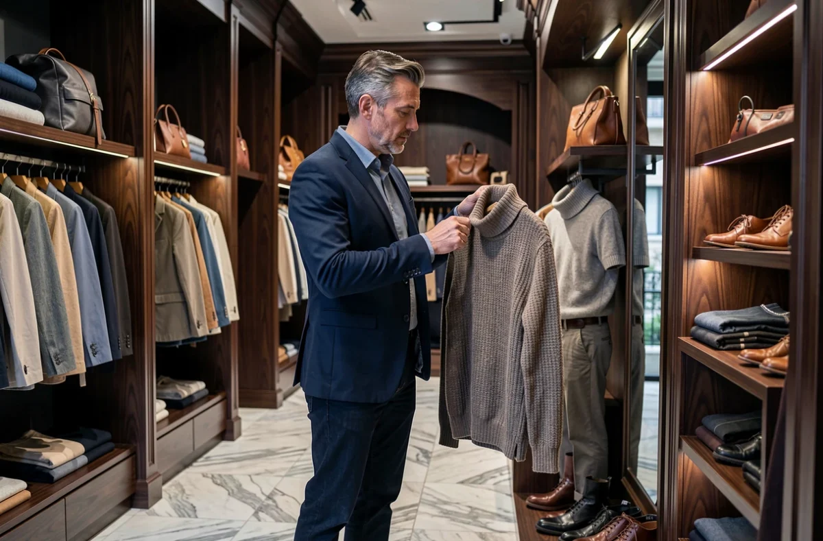 Boutique Big Boss à Megève avec un client examinant un pull en cachemire dans un cadre luxueux en bois sombre