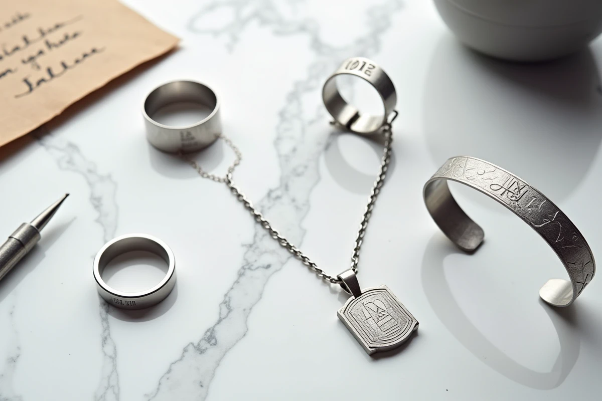 Bijoux homme personnalisables en argent et en acier disposés en flat lay sur marbre blanc, incluant bagues, bracelets et pendentifs gravés