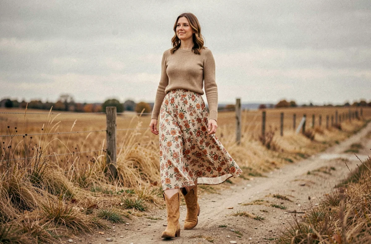 Femme aux mollets forts marchant sur un sentier de campagne en bottines country en daim beige et jupe fleurie en automne