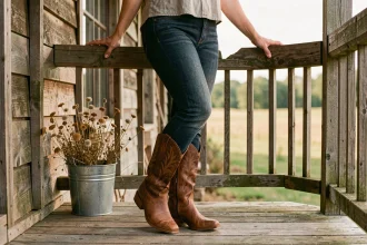 Femme avec mollets forts portant des bottines country en cuir marron avec un jean bootcut sur un porche en bois rustique