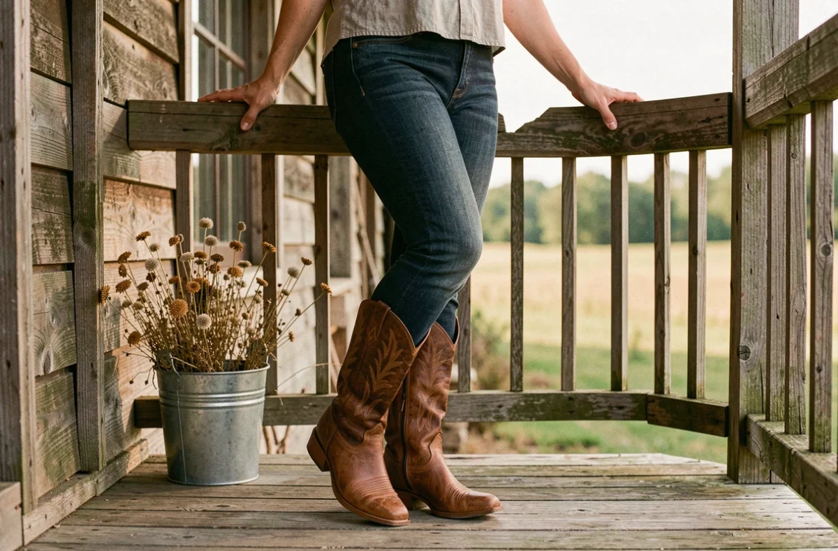 Femme avec mollets forts portant des bottines country en cuir marron avec un jean bootcut sur un porche en bois rustique