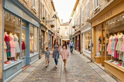Rue commerçante en Nouvelle-Aquitaine avec des boutiques de vêtements pour enfants et des familles se promenant devant les vitrines colorées