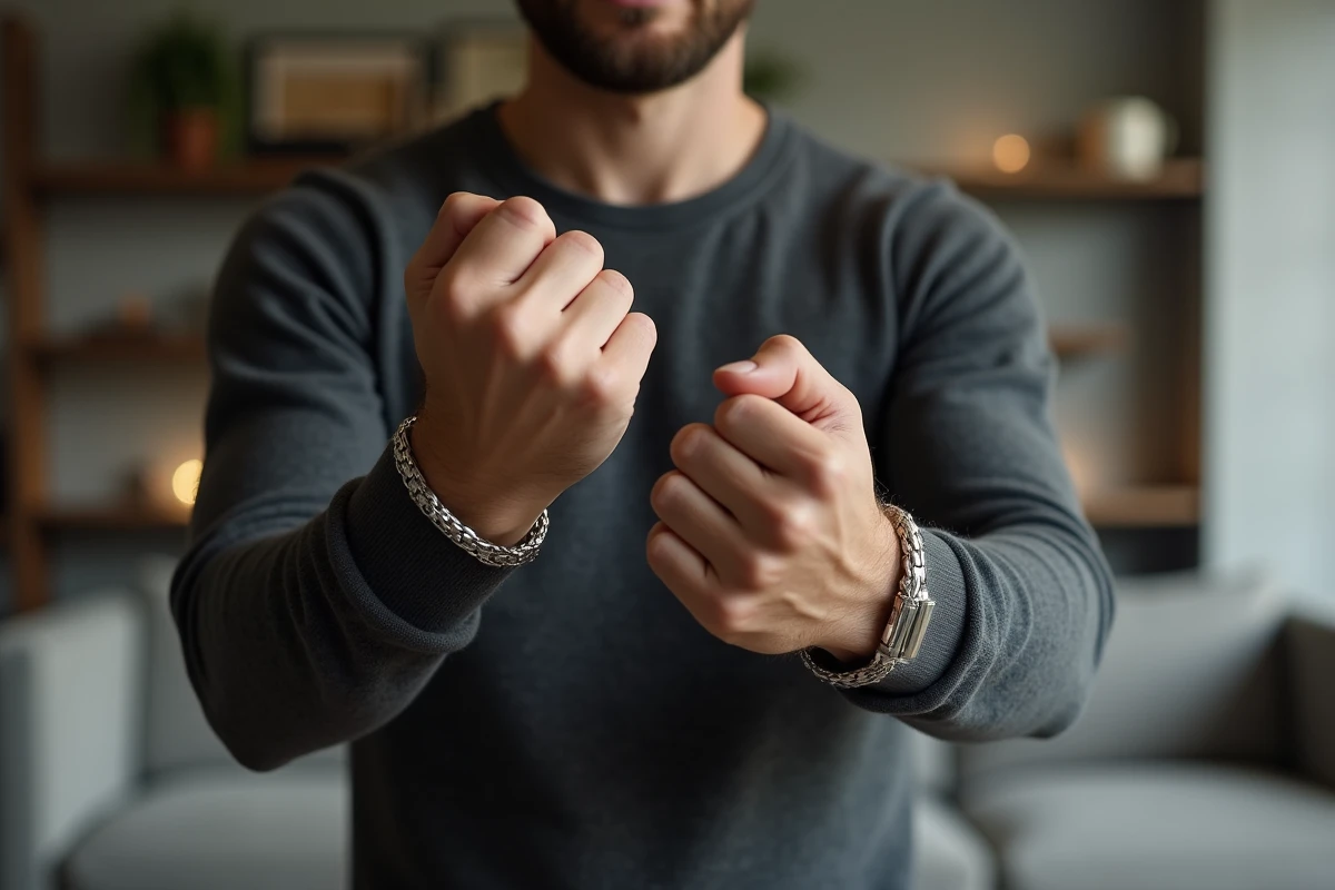 Homme portant un bracelet en argent sterling et un bracelet en acier inoxydable, comparaison visuelle des deux matériaux sur les poignets
