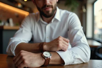 Homme portant une montre argentée et un large bracelet en cuir tressé cognac sur le même poignet dans un café urbain