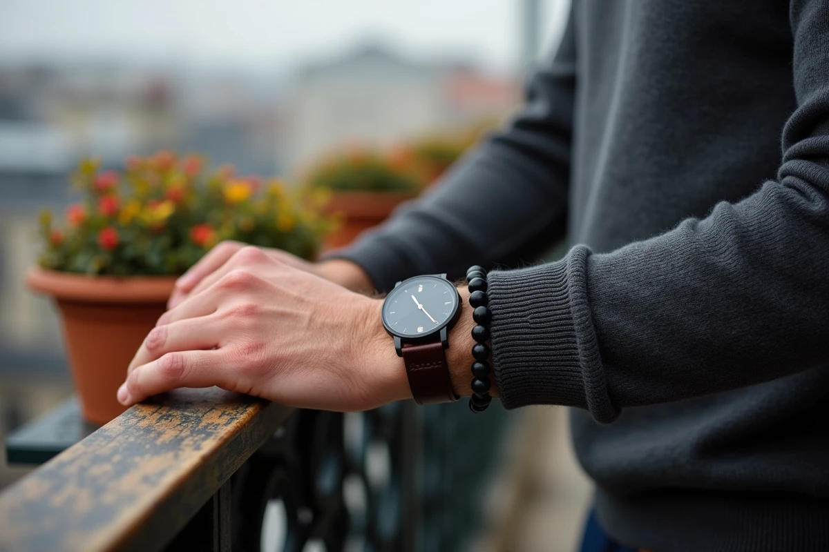 Homme portant une montre à bracelet cuir et un large bracelet de perles noires volcaniques sur un poignet, accoudé à une rambarde de terrasse urbaine