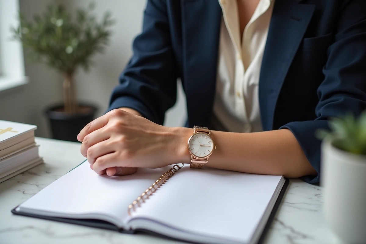 Femme avec une montre or rose et un large bracelet manchette en laiton sur le même poignet, posé sur un bureau en marbre