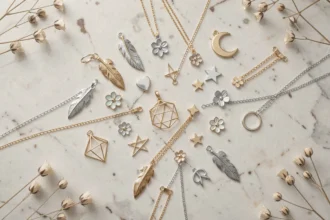 Assortiment de breloques pour bijoux style bohème et minimaliste sur marbre blanc, tendances bijoux féminins