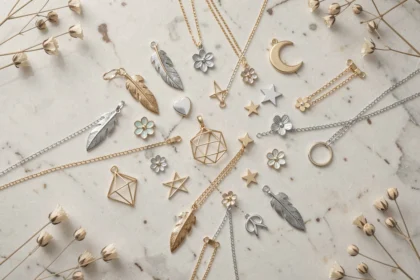Assortiment de breloques pour bijoux style bohème et minimaliste sur marbre blanc, tendances bijoux féminins