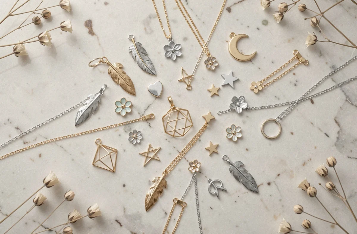 Assortiment de breloques pour bijoux style bohème et minimaliste sur marbre blanc, tendances bijoux féminins