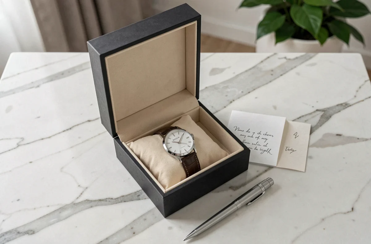 Boîte cadeau ouverte avec montre homme personnalisée sur fond de marbre, accompagnée d'une carte manuscrite pour la fête des pères
