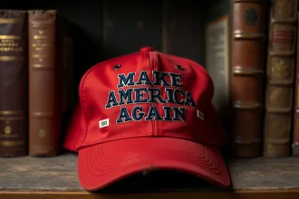 Casquette America Great Again vintage en édition limitée exposée sur une étagère de collectionneur avec des étiquettes numérotées