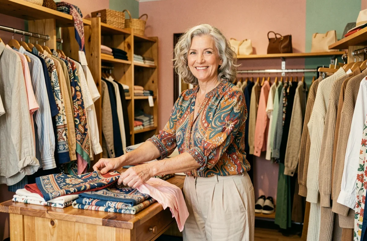 Propriétaire souriante de la Cathy Boutique à Annecy pliant des vêtements colorés sur un comptoir en bois