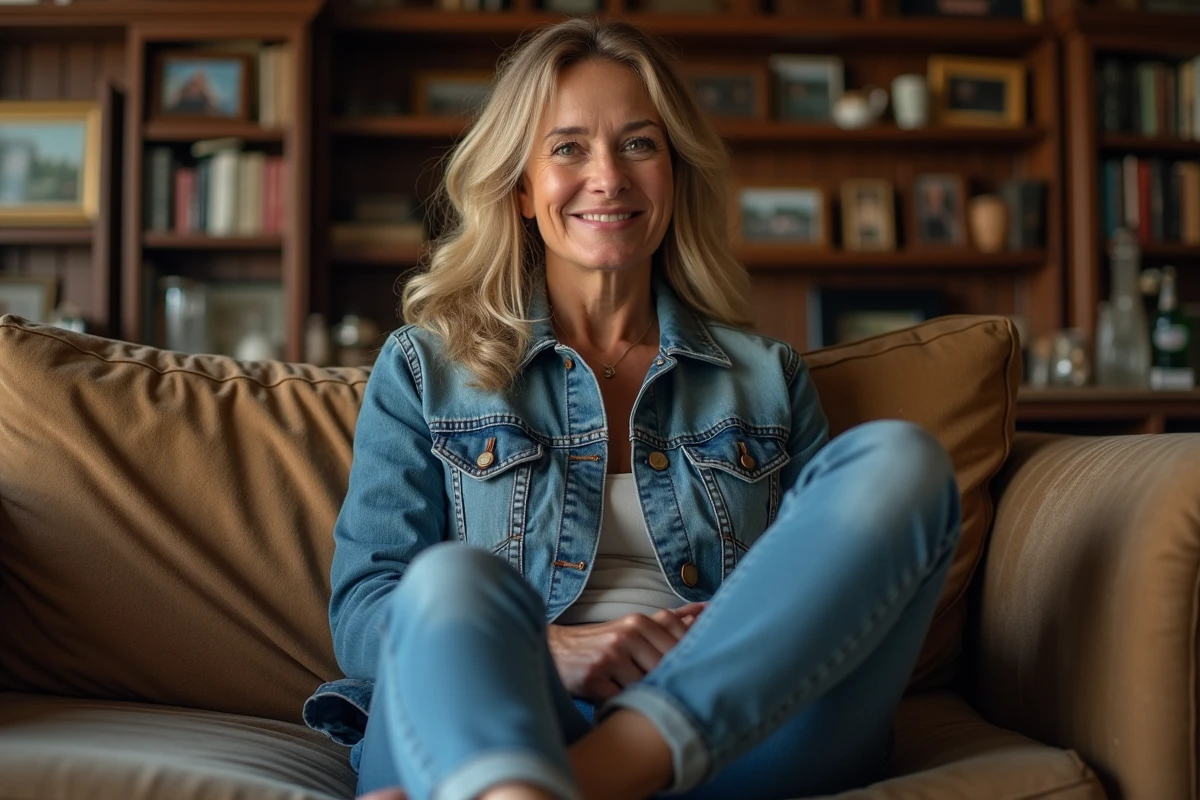 Célébrité féminine assise sur un canapé vintage souriante