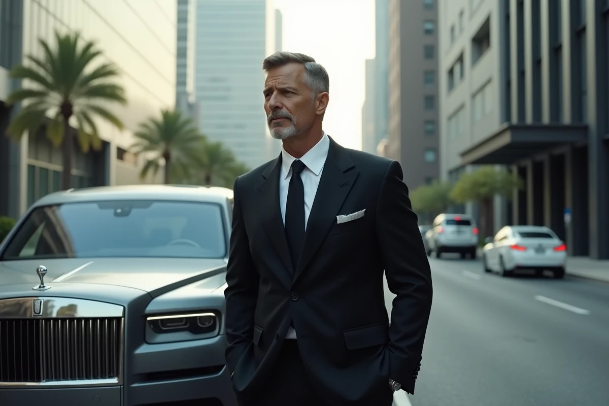 Célébrité masculine élégante avec SUV en ville