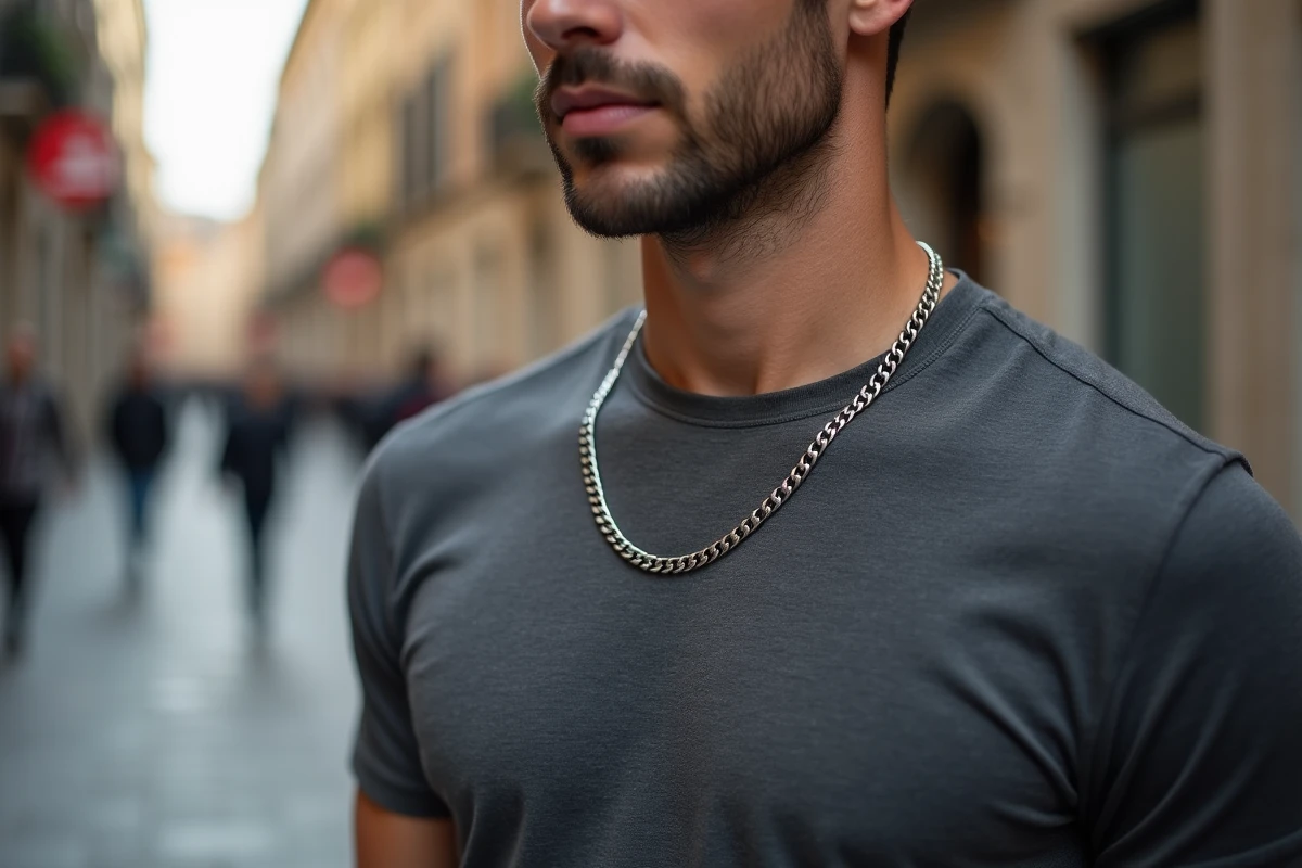 Homme avec une chaîne en acier inoxydable sur un t-shirt gris en milieu urbain, style rue contemporain