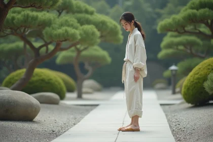 Femme japonaise portant des sandales geta traditionnelles en bois avec une tenue en lin moderne dans un jardin japonais minimaliste