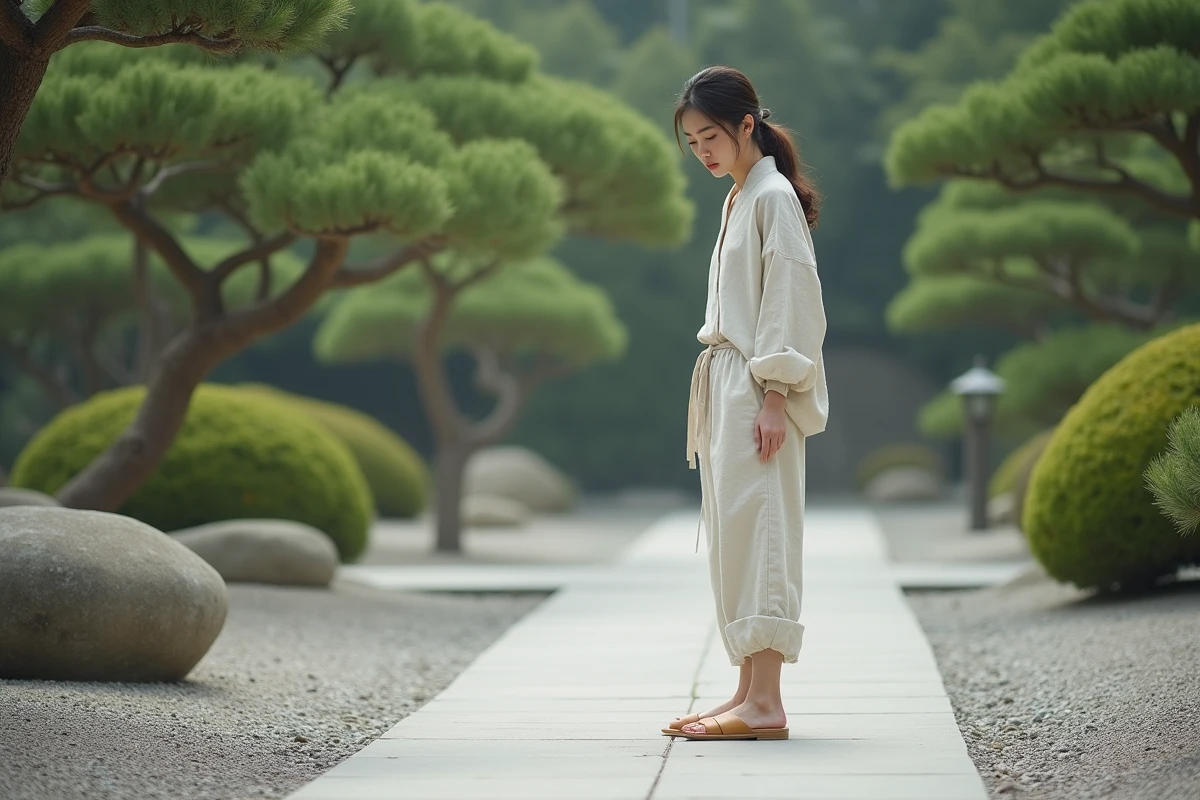Femme japonaise portant des sandales geta traditionnelles en bois avec une tenue en lin moderne dans un jardin japonais minimaliste