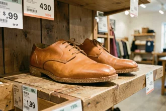 Paire de chaussures en cuir style Arche exposée sur une étagère de déstockage en boutique avec étiquettes de prix promotionnels