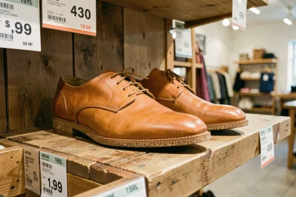 Paire de chaussures en cuir style Arche exposée sur une étagère de déstockage en boutique avec étiquettes de prix promotionnels