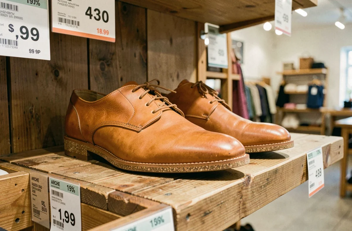 Paire de chaussures en cuir style Arche exposée sur une étagère de déstockage en boutique avec étiquettes de prix promotionnels
