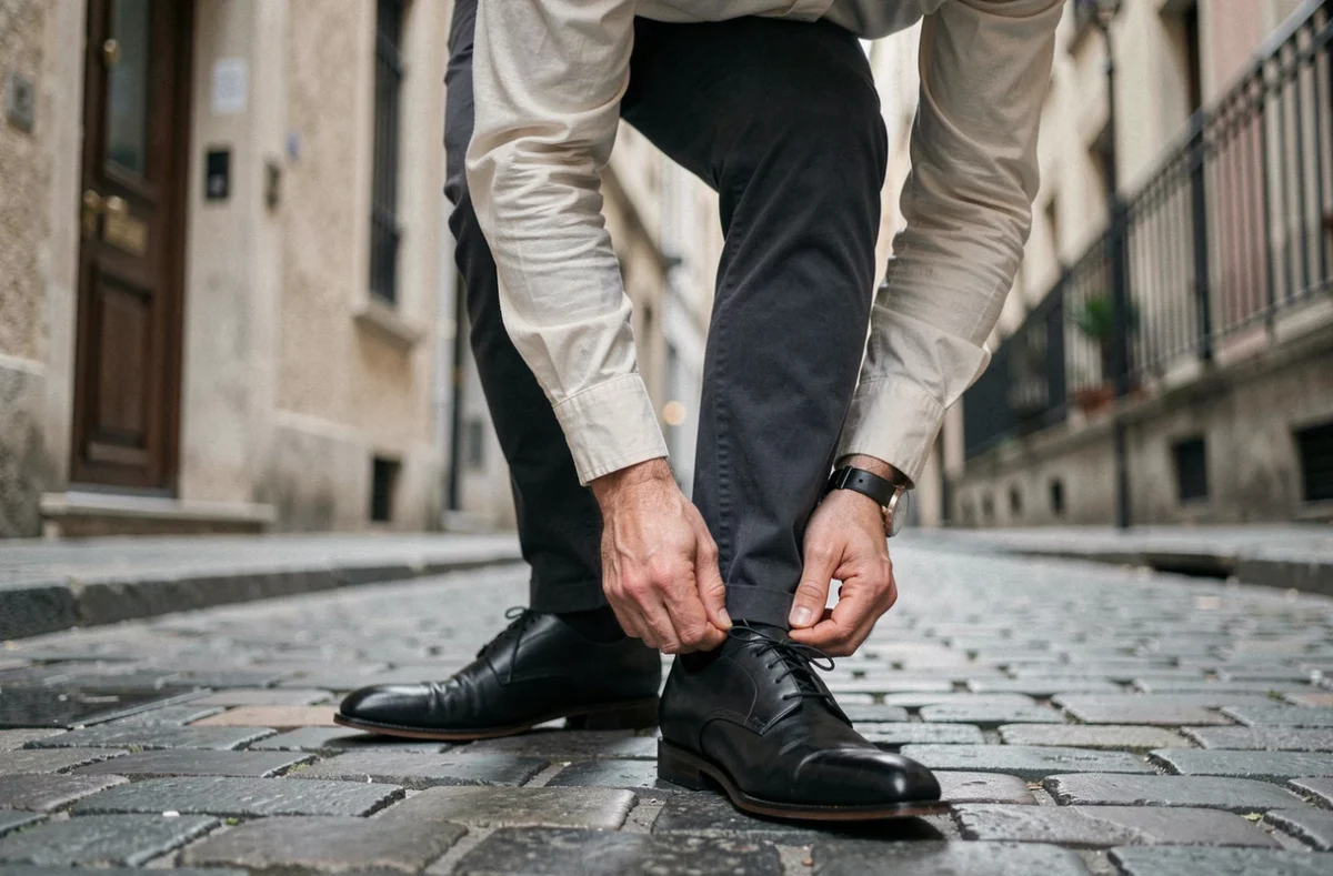 Homme en ville portant des derbies en cuir lisse noir sur pavés, zoom sur les chaussures du quotidien