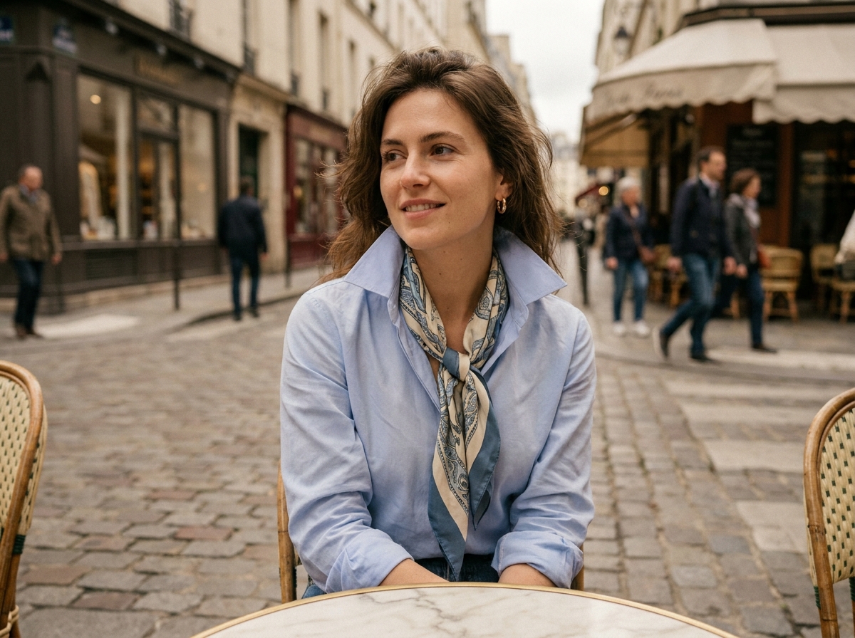 Femme portant un chemisier bleu pâle revisité avec un foulard en soie noué au cou dans un café parisien en terrasse