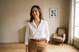 Femme stylisant un chemisier blanc classique avec une ceinture statement et des colliers dorés superposés dans un appartement parisien