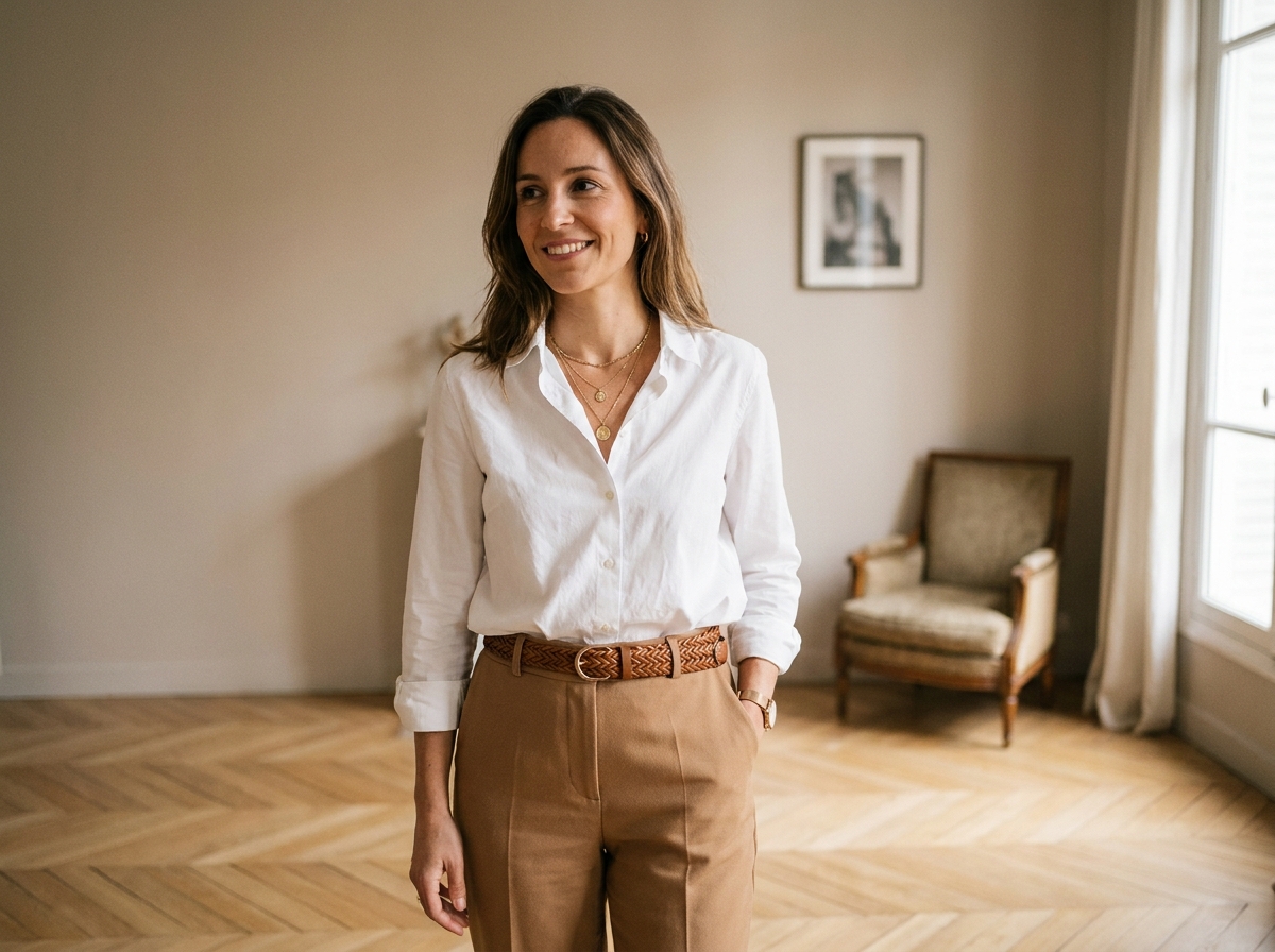Femme stylisant un chemisier blanc classique avec une ceinture statement et des colliers dorés superposés dans un appartement parisien
