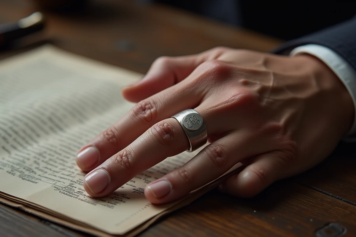 Chevalière homme en argent gravée d'un monogramme portée à la main sur un bureau en bois sombre