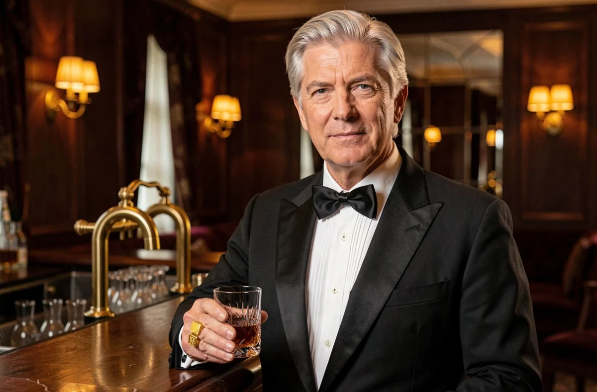 Homme mature en smoking portant une chevalière en or massif dans un salon de luxe avec un verre de whisky