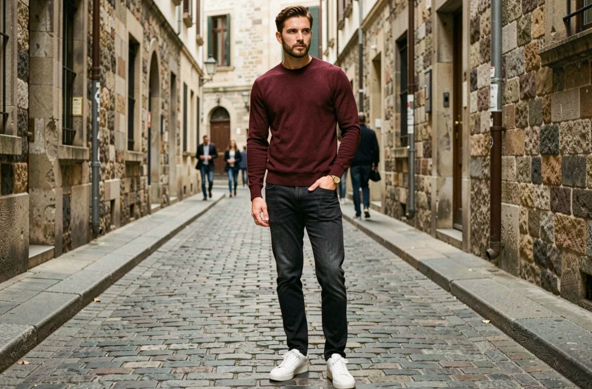 Homme en tenue casual chic portant une chevalière en or dans une rue pavée européenne