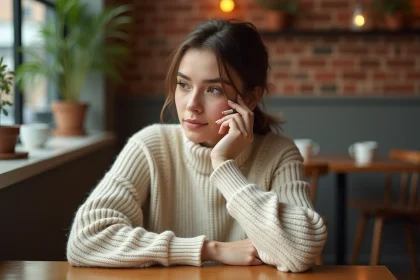 Jeune femme examinant une cigarette Vogue pastel dans un café cosy, guide pour débutants sur les différences de couleurs