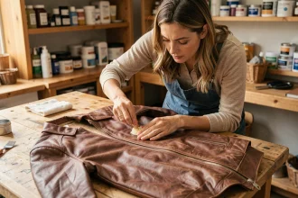 Femme appliquant de la cire sur une veste en cuir marron posée à plat sur un établi en bois, avec un chiffon doux et un pot de cire à portée de main