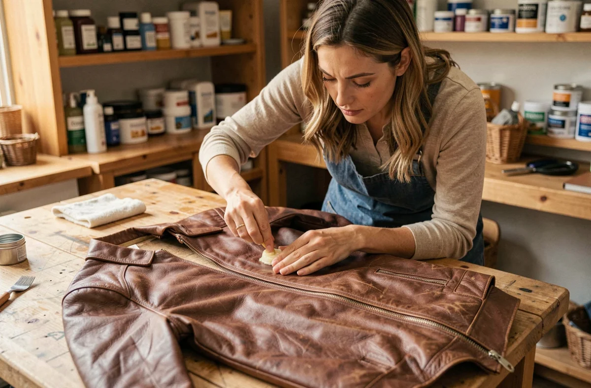 Femme appliquant de la cire sur une veste en cuir marron posée à plat sur un établi en bois, avec un chiffon doux et un pot de cire à portée de main