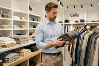 Client parcourant les rayons de vêtements masculins dans une boutique Celio moderne à Vichy