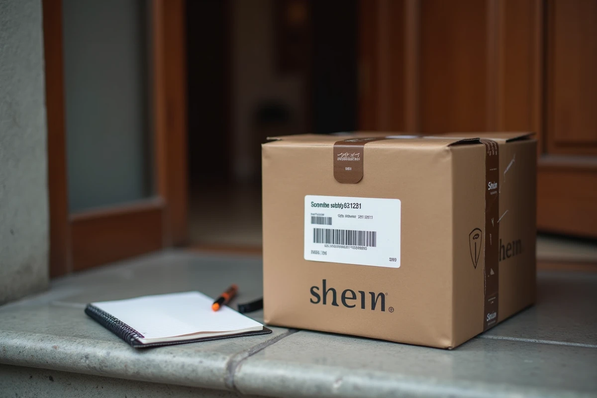 Colis Shein avec étiquette de suivi et numéro de tracking posé devant une porte d'appartement