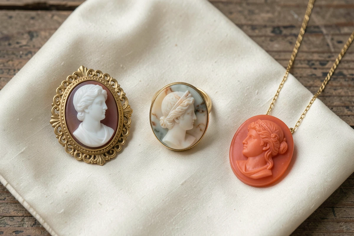 Trois camées anciens de styles différents présentés sur soie ivoire lors d'une évaluation de bijoux de collection
